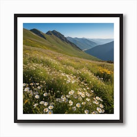 A Lush Green Mountain Filled With Blooming Wildflowers Basks In Warm Sunlight Under A Clear Blue Sky, Its Natural Beauty Portrayed Serenely 2 Art Print