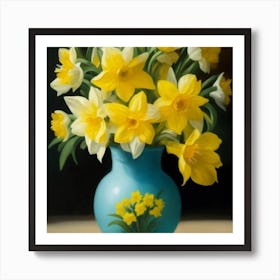 Daffodils In A Blue Vase 4 Art Print