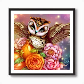 Owl With Roses 15 Art Print