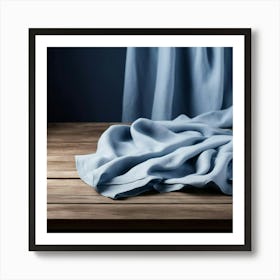 Blue Linen Curtains On Wooden Table Art Print