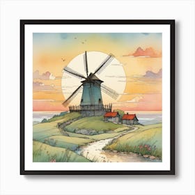 Windmill At Sunset Art Print