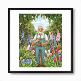 An art print featuring a captivating portrait of a master gardener amidst a lush botanical garden, surrounded by blooming flowers and greenery. This nature-inspired art print brings the beauty of gardening to life, making it perfect for plant enthusiasts and those who appreciate the tranquility of nature in home decor. Art Print