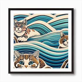 swimming Cats In The Waves Art Print