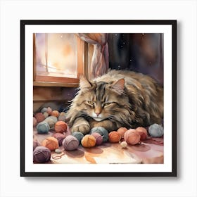 A cat taking a nap in the evening with wool balls scattered around and a warm winter atmosphere 2 Art Print