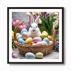 Easter Bunny In Basket With Colorful Eggs Art Print