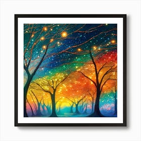 A captivating scene of trees that appear to be alive, with twinkling lights and vibrant 18 Art Print