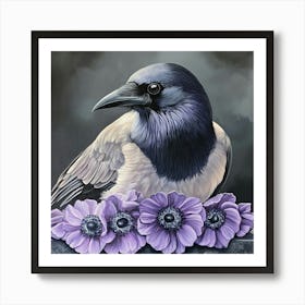 Crow With Purple Flowers Art Art Print