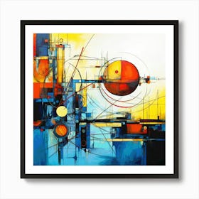 Futuristic Fusion: An Abstract Painting of Blue and Orange Circular Figures with Industrial and Technological Undertones Art Print