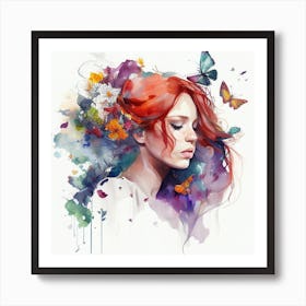 Watercolor Floral Red Hair Woman #1 Art Print