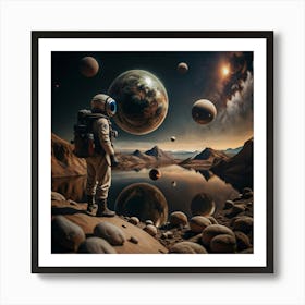 A lone astronaut stands on a rocky planet, gazing at a planet in the distance. Art Print