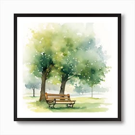 outdoors, park, bench , beautiful trees, and scenery, morning dew, horizon, good weather Art Print