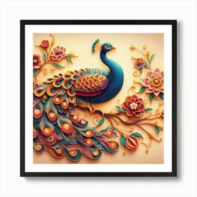 Peacock on flower branch Art Print