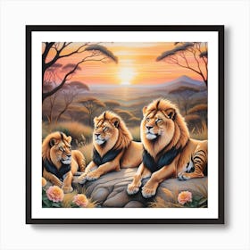 Lions Seated Dominantly In The Foreground Their Golden Manes Glowing  Art Print