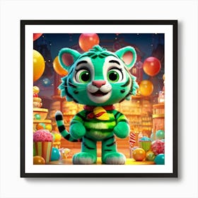 Charming Green Tiger With Yellow Eyes Exuberant In A Candy Store 3d Animated Character Embodying Art Print