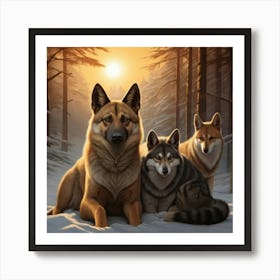 Three German Shepherds In The Snow Art Print