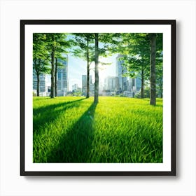 Bright Green Grass Under A Radiant Sun Swathed In Tokyo City Stands Out Against The Contrasting Sh (3) Art Print