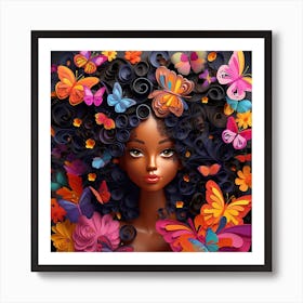 Afro Girl With Flowers And Butterflies Art Print