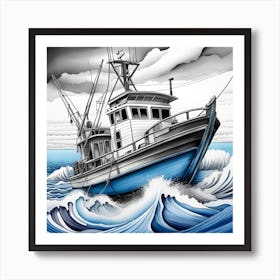 Fishing Boat In Rough Seas Japanese Monochromatic Art Print