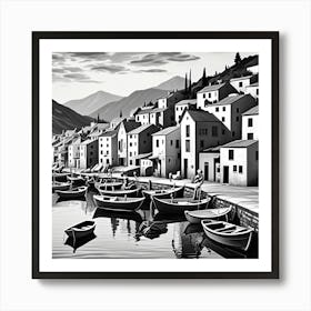 Modern Fishing Village Monochrome Cubism Style Art Print