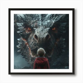 Boy Standing In Front Of A Dragon Art Print