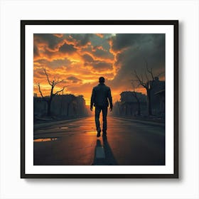 Man Walking In The Street At Sunset Art Print