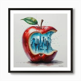 Stunning pen and watercolor sketch with a touch of oil painting. The centerpiece is a red apple, from which a bite in the form of a New York city has been taken. The city is filled with azure luminous glass, casting a mesmerizing glow Art Print