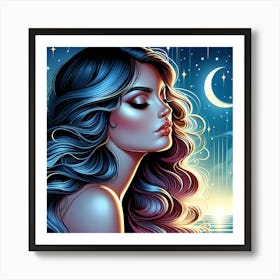 Beautiful Girl With Moon And Stars Art Print