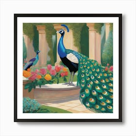 Peacocks in a Renaissance Garden Series. In Style of David Hockney 2 Art Print