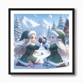 Christmas Elves in winter Art Print