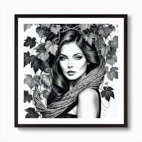 Black And White Portrait Of A Woman With Vines Art Print