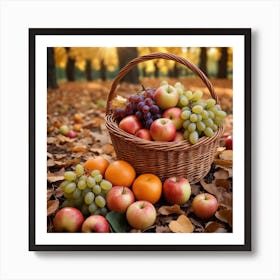 A Wicker Basket Filled With An Abundance Of Ripe Fruits Like Apples, Oranges And Grapes Arranged Neatly On The Ground Surrounded By Leaves 2 Art Print