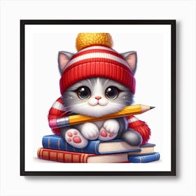 Cute Kitten Sitting On Books Art Print