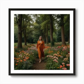 Default A Woman Walks Among Flowers And Trees 0 Art Print