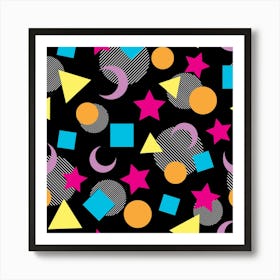 Cute Seamless Pattern With Colorful Geometric Shapes On Black Converted Art Print