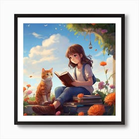 Girl Reading A Book With Cat Art Print