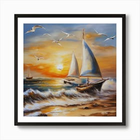 Oil painting design on canvas. Sandy beach rocks. Waves. Sailboat. Seagulls. The sun before sunset.33 Art Print