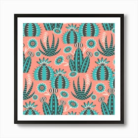 DESERT GARDEN Retro Cactus Flowers Aloe Succulents Botanical in Vintage Mid-Century Turquoise Charcoal Red White on Pink Art Print