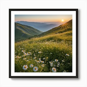 A Lush Green Mountain Filled With Blooming Wildflowers Basks In Warm Sunlight Under A Clear Blue Sky, Its Natural Beauty Portrayed Serenely 4 Art Print