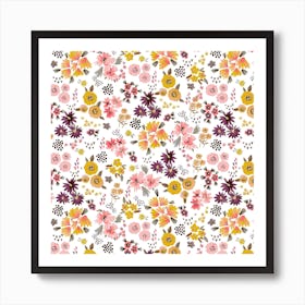 Little Flowers Mustard Coral Square Poster