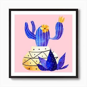 Golden Pot And Cute Cactus Square Art Print
