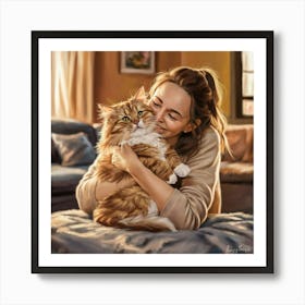 Woman Hugging Her Cat Art Print