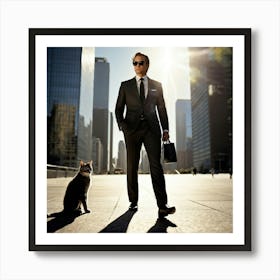 Businessman Wearing Sunglasses Accompanied By A Cat Playing At His Feet Downtown Skyscrapers Loomin (3) Art Print