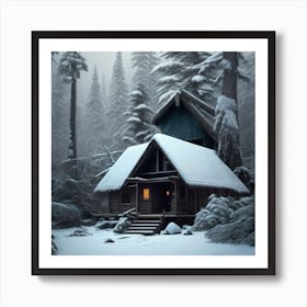 Small wooden hut inside a dense forest of pine trees with falling snow 14 Art Print