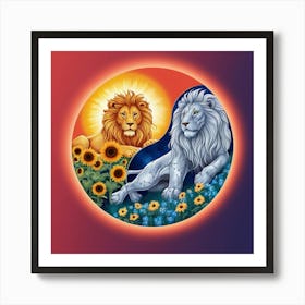 Lion And Sunflowers 2 Art Print