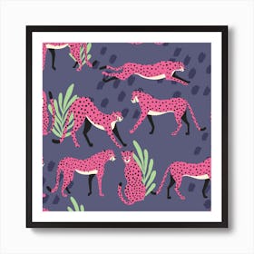 Tropical Pink Cheetah Pattern On Purple With Florals And Decoration Square Art Print