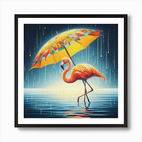 Flamingo In The Rain Art Print