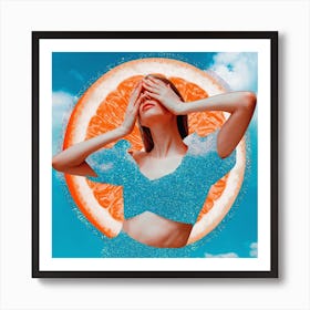 Orange Glitter Babe Collage Orange & Blue Square Art Print