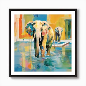 Elephants In Water Art Print