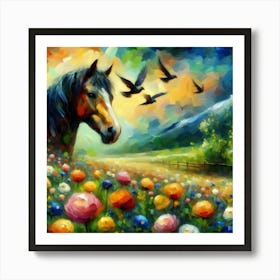 Horse In A Flower Field Art Print