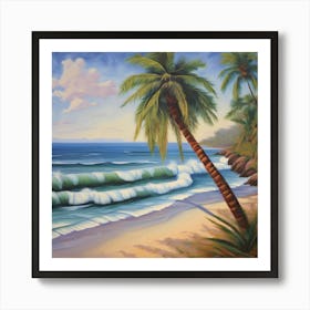 Palm Trees On The Beach, A Tranquil Beach Scene With Palm Trees And Gentle Waves art print Art Print